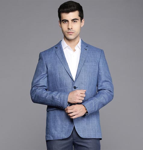 Men Blue Checked Slim Fit Pure Linen Single-Breasted Formal Blazer